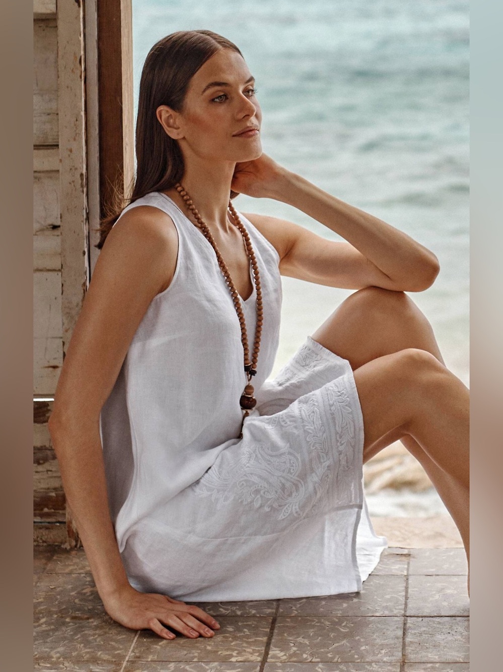 Pure Jill | Ocean Breeze Linen Shift Dress | White |Embroidered | XS